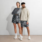 Digital camo athletic long shorts paired with hoodie, elastic waistband, dark gray and black