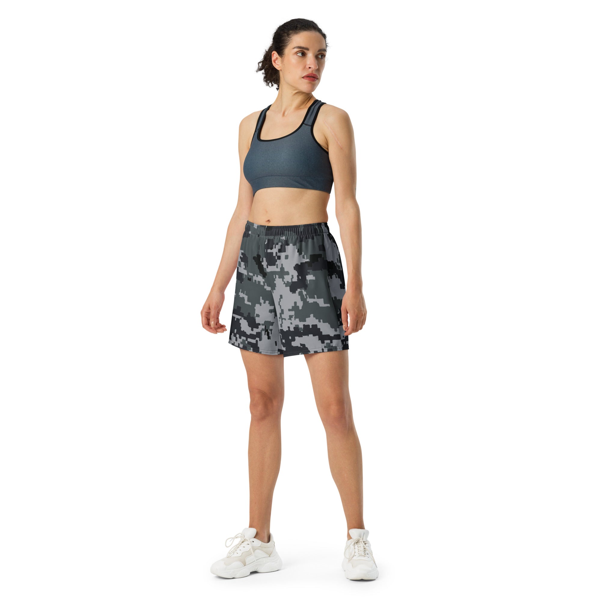 Digital camo athletic long shorts for unisex with elastic waistband, dark gray and black