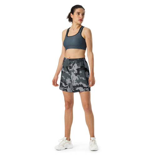Digital camo athletic long shorts for unisex with elastic waistband, dark gray and black