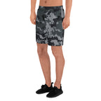 Digital camo athletic long shorts from front, elastic waistband, dark gray and black