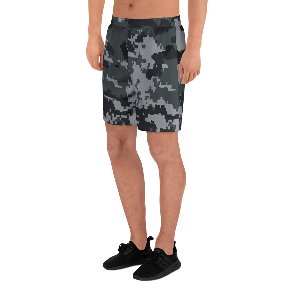 Digital camo athletic long shorts from front, elastic waistband, dark gray and black