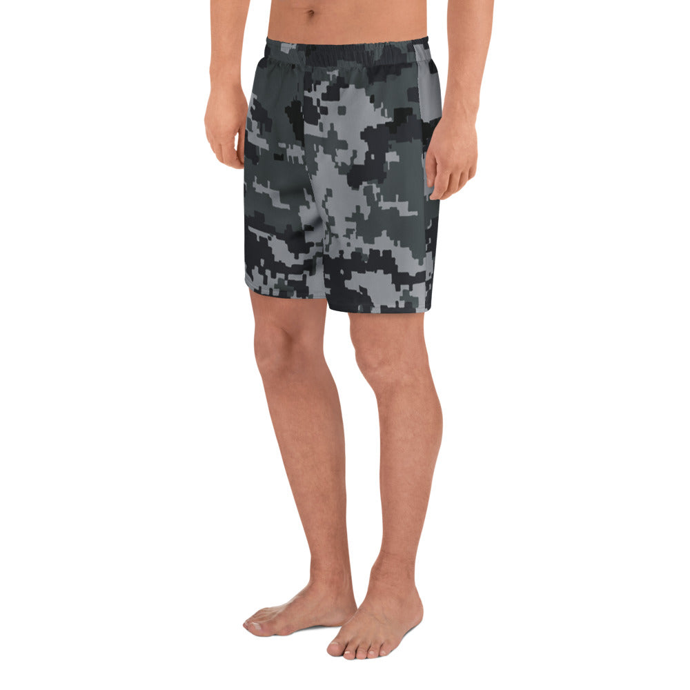 Digital camo athletic long shorts with elastic waistband and dark gray-black pattern