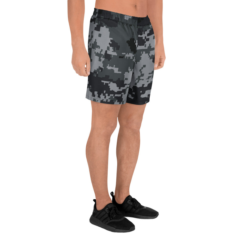 Digital camo athletic long shorts from side, elastic waistband, dark gray and black