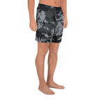 Unisex athletic long shorts in dark digital camouflage with elastic waistband