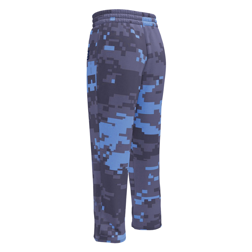 Digital camouflage wide-leg joggers side view with elastic waistband and drawstring, blue-gray print