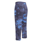 Digital camouflage wide-leg joggers side view with elastic waistband and drawstring, blue-gray print