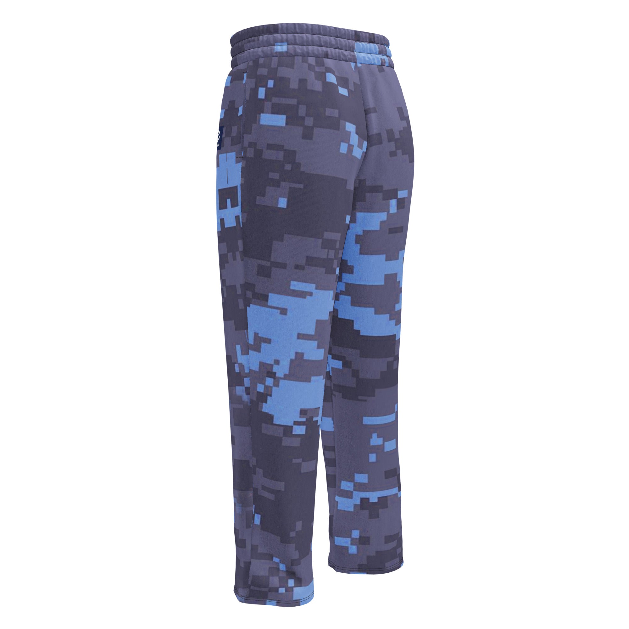 Digital camouflage wide-leg joggers side view with elastic waistband and drawstring, blue-gray print