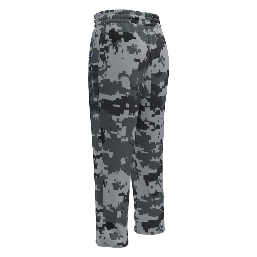 Wide-leg joggers with dark digital camo print, elastic waistband and wide straight legs.