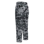 Wide-leg joggers with dark digital camo print, elastic waistband and wide straight legs.