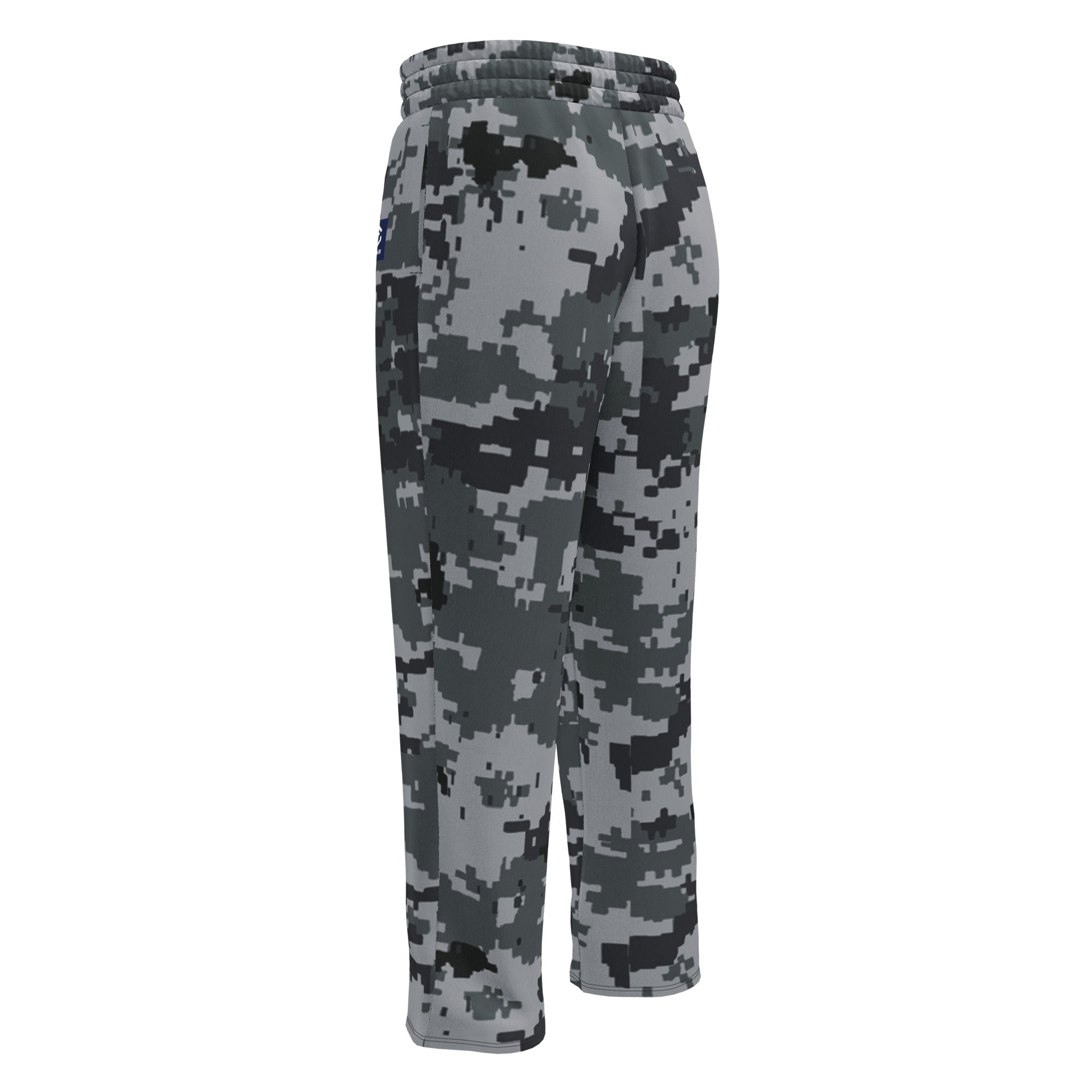 Wide-leg joggers with dark digital camo print, elastic waistband and wide straight legs.