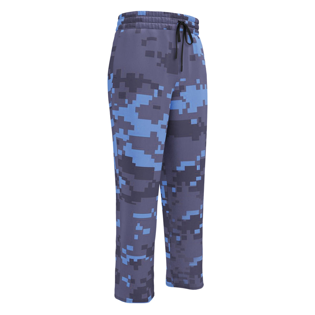 Digital camouflage wide-leg joggers with elastic waistband and drawstring, blue-gray print