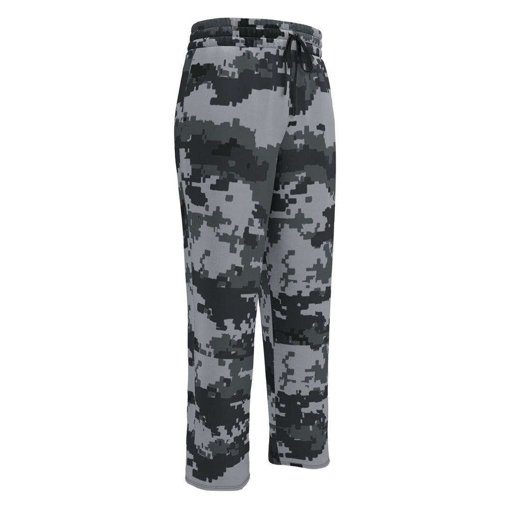 Wide-leg joggers with dark digital camouflage pattern and elastic waist