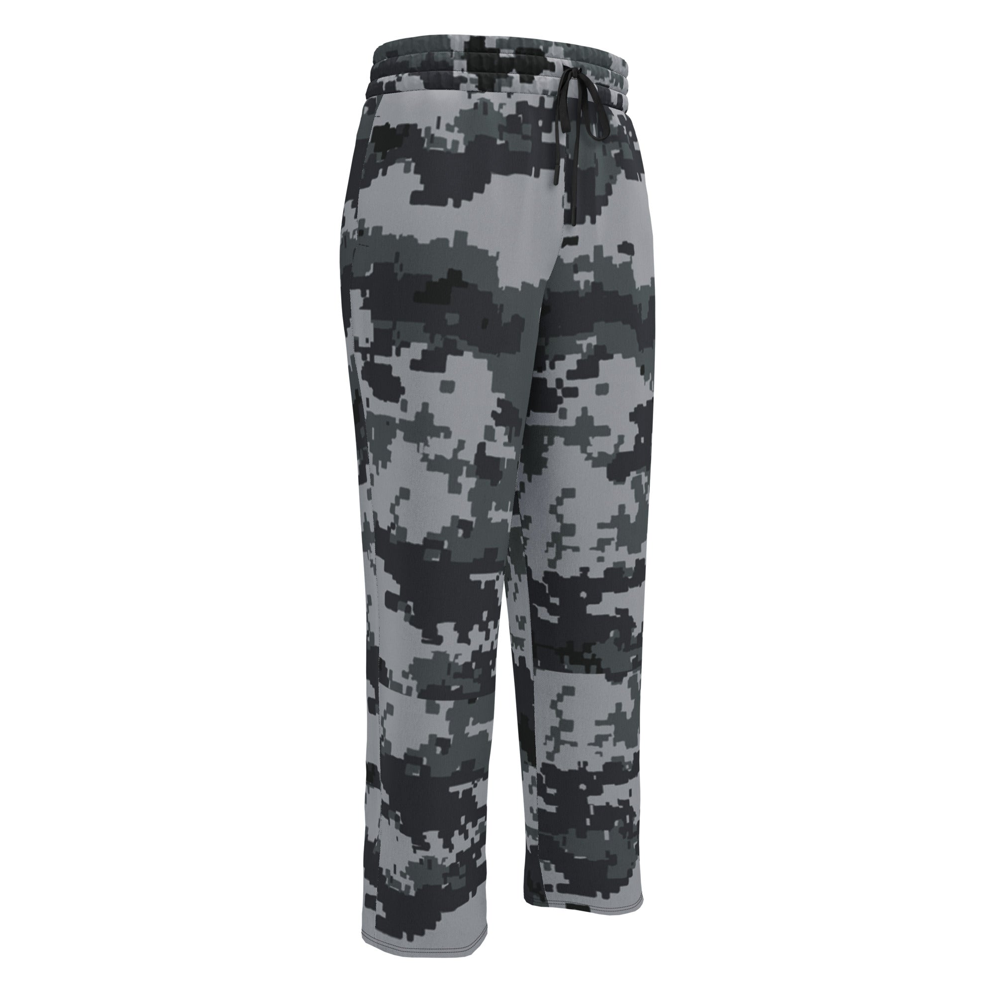 Wide-leg joggers with dark digital camouflage pattern and elastic waist