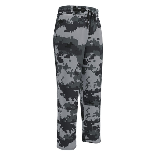 Wide-leg joggers with dark digital camouflage pattern and elastic waist