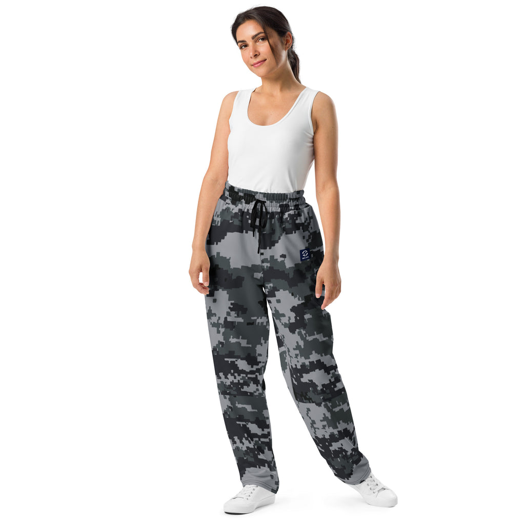 Digital camouflage wide-leg joggers with elastic waistband and tapered-cuffed hem