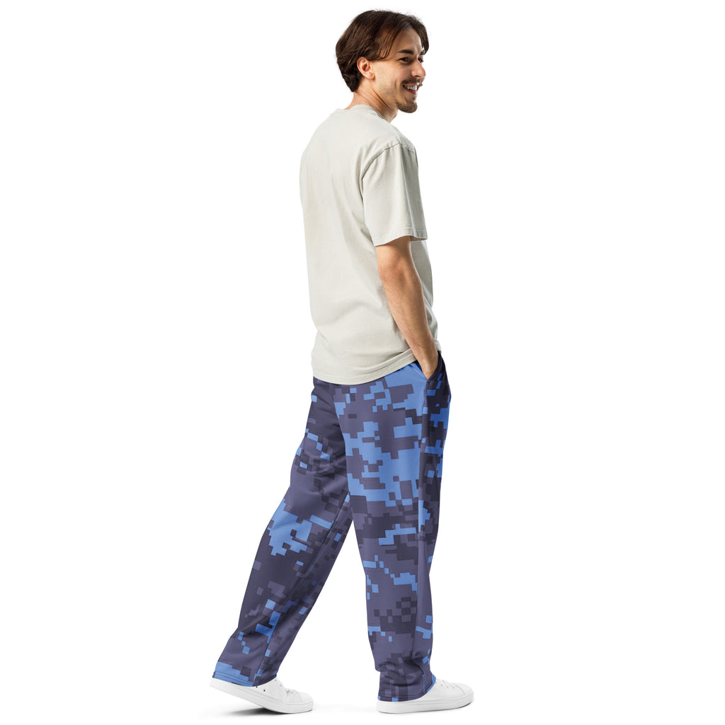 Digital camouflage wide-leg joggers in relaxed fit with elastic waistband and drawstring, back view