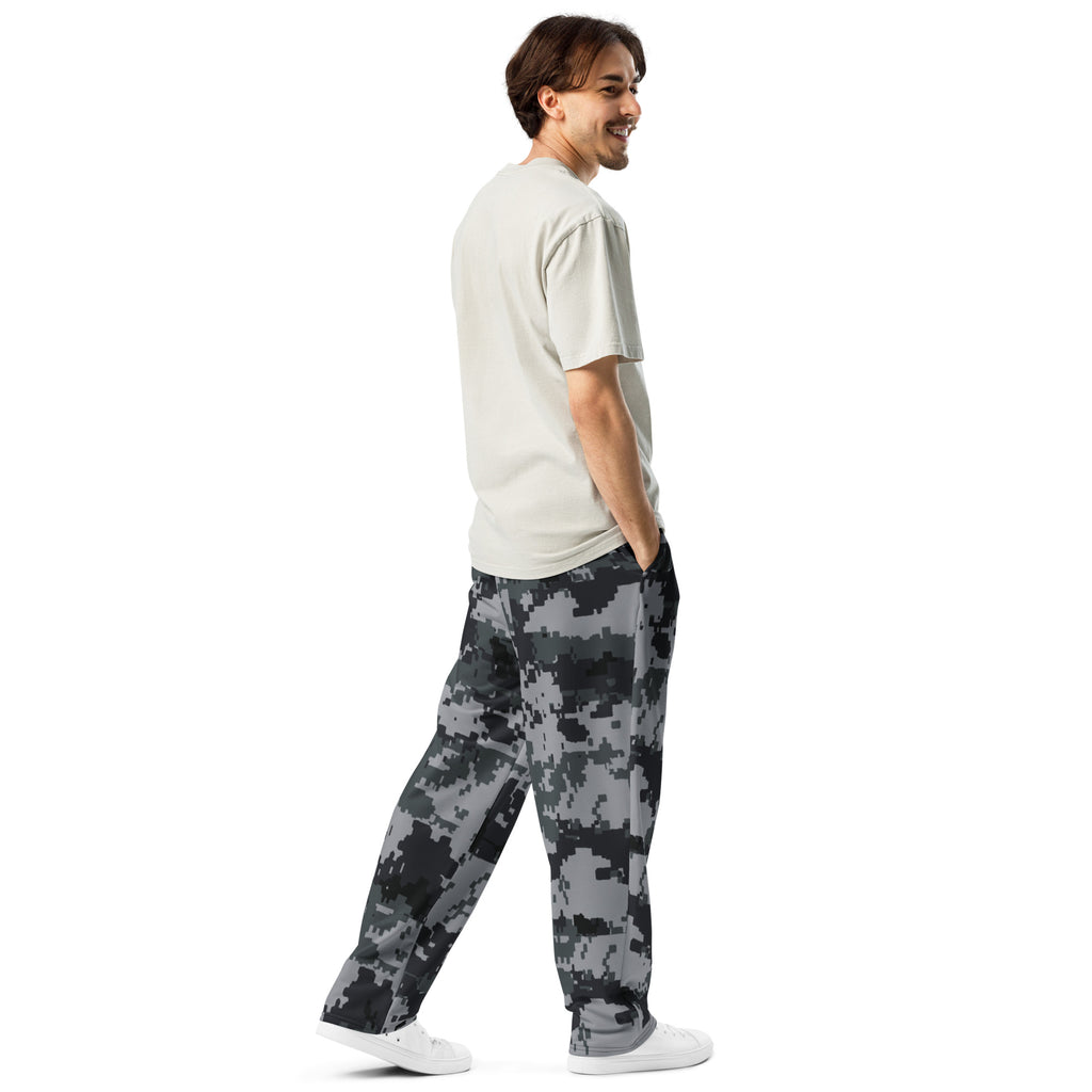 Back view of digital camouflage wide-leg joggers with drawstring waist