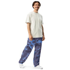 Digital camouflage wide-leg joggers with relaxed fit and drawstring elastic waistband, side view