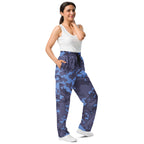 Digital camouflage wide-leg joggers with elastic waistband, drawstring, and ankle-length relaxed fit