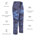 Digital camouflage wide-leg joggers labeled: elastic waistband, side pockets, drawstring ties