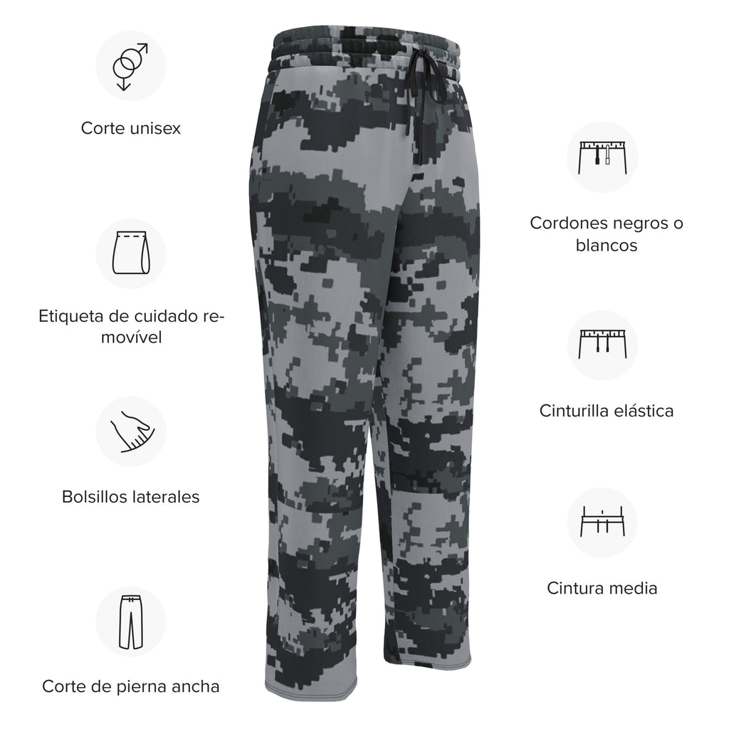 Digital camouflage wide-leg joggers flat lay showing pockets, elastic waist, and drawstring