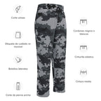 Digital camouflage wide-leg joggers flat lay showing pockets, elastic waist, and drawstring