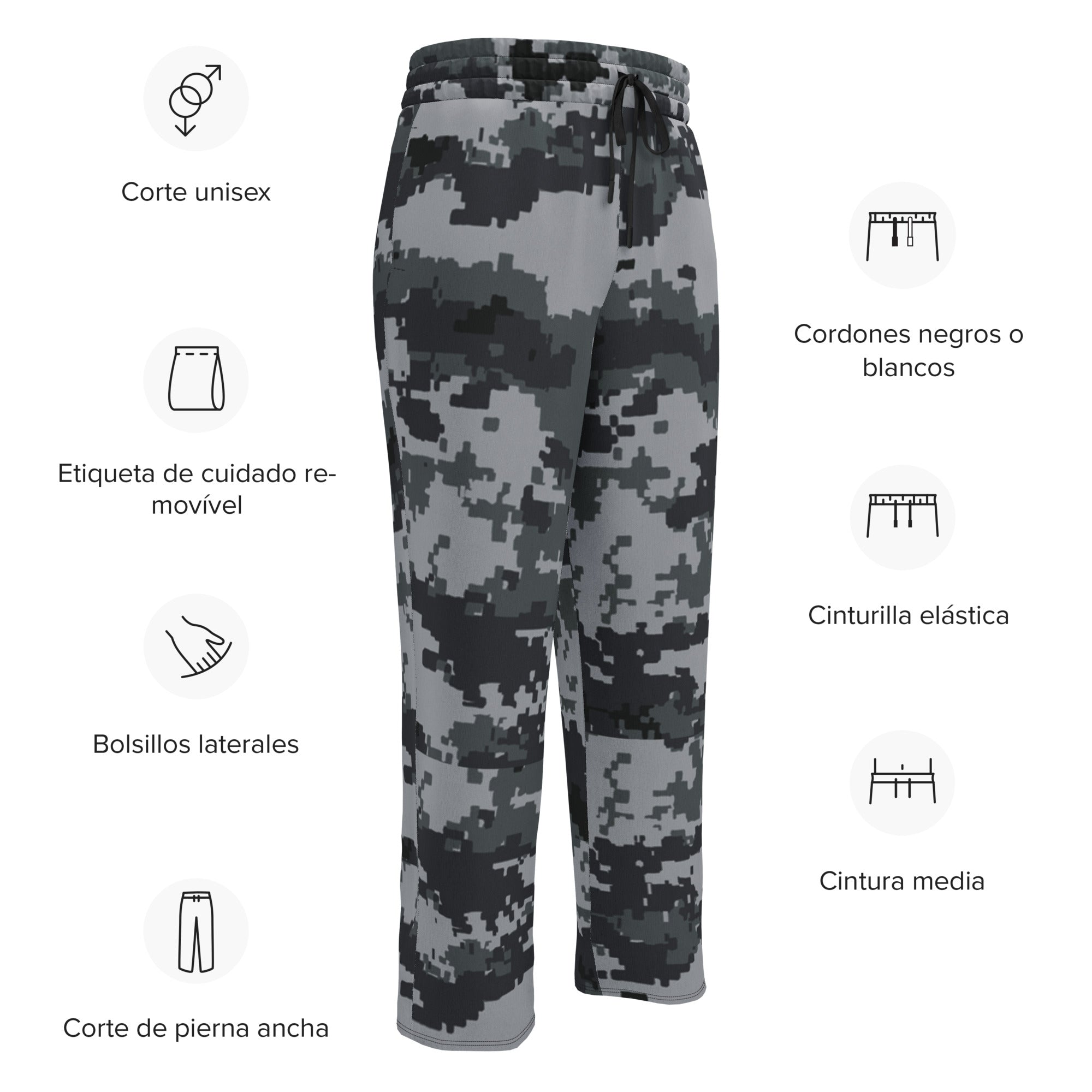 Digital camouflage wide-leg joggers flat lay showing pockets, elastic waist, and drawstring