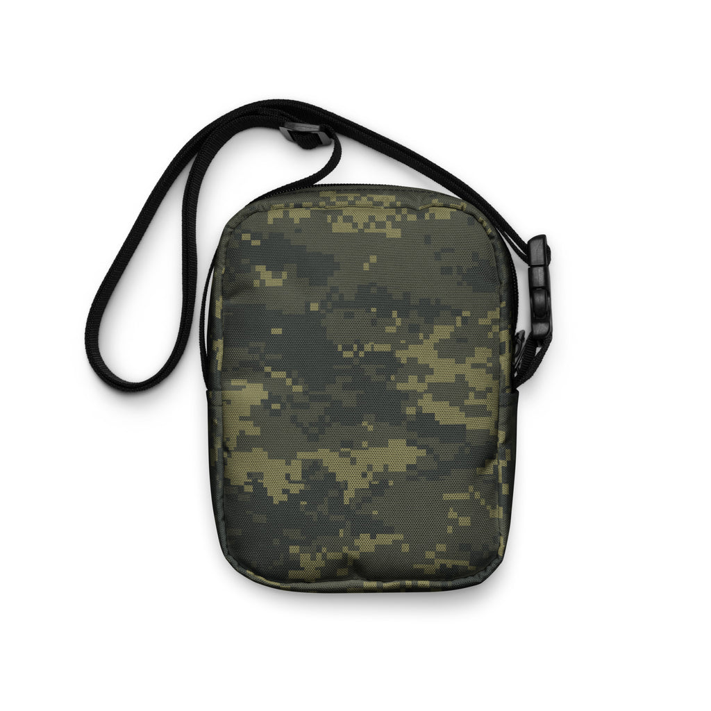Digital camo crossbody bag with black strap and front zipper pocket
