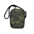 Digital camo crossbody bag with black strap and front zipper pocket
