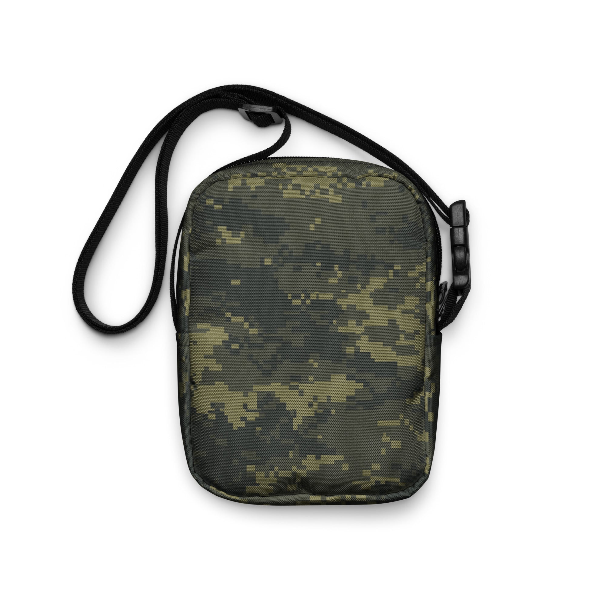 Digital camo crossbody bag with black strap and front zipper pocket