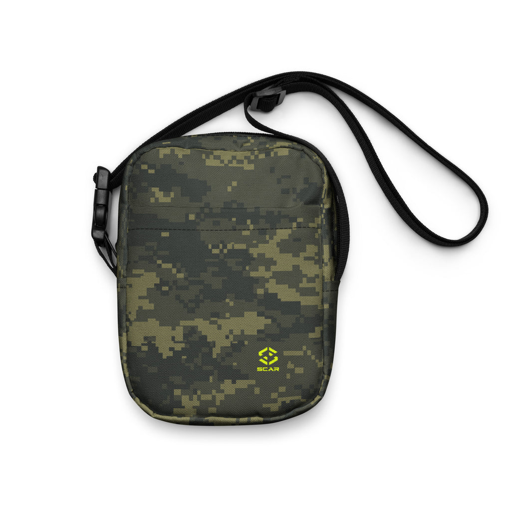 Digital camo crossbody sling bag with black shoulder strap and side hardware