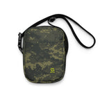 Digital camo crossbody sling bag with black shoulder strap and side hardware