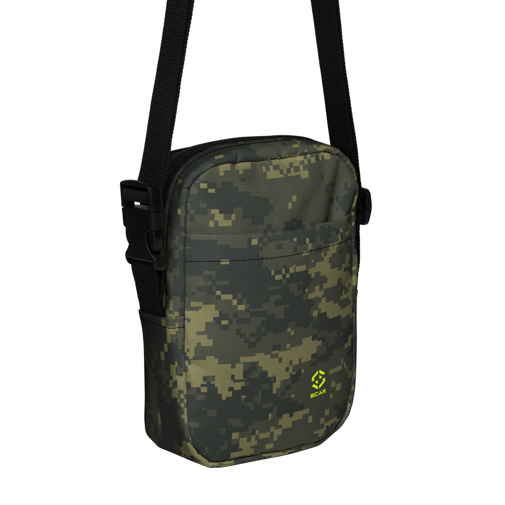 Digital camo crossbody bag with front logo patch, black strap, and compact zippered body.
