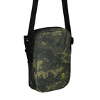 Digital camo crossbody bag with front logo patch, black strap, and compact zippered body.