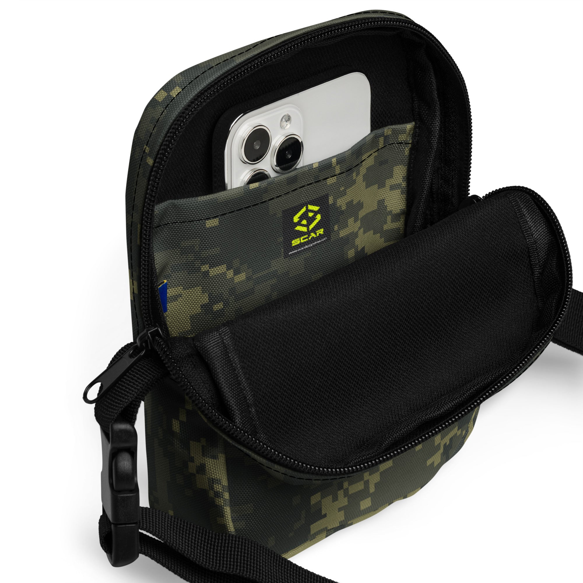 Digital camo crossbody bag open view showing interior pocket and phone slot