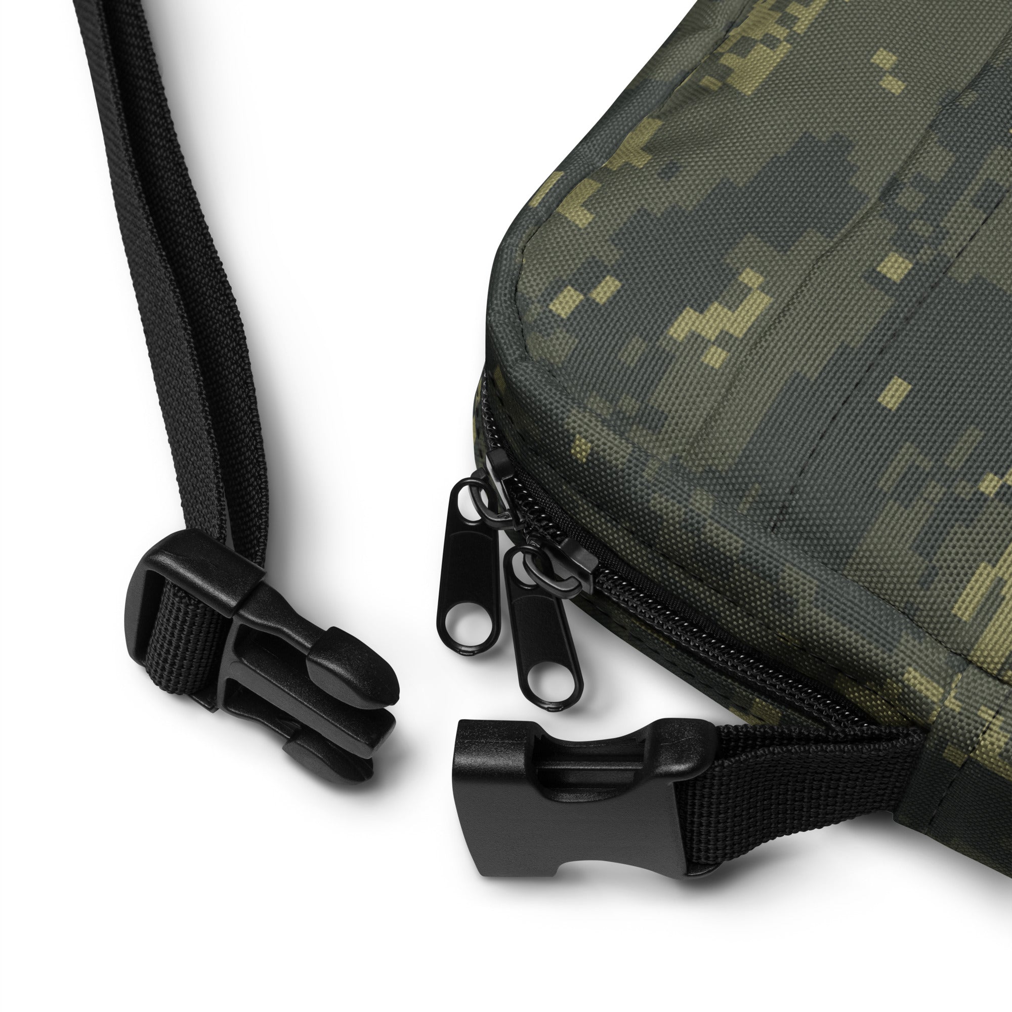 Digital camo crossbody bag with black webbing strap, zipper pulls, and hook-and-loop tab.
