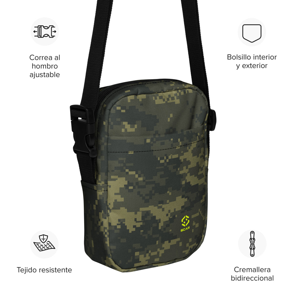 Digital camo crossbody bag with adjustable strap and visible front zipper