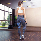 Navy digital camouflage yoga leggings from back view, full-length fitted legs.