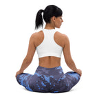 Back view of navy digital camouflage yoga leggings with high waistband and racer back look