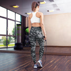 Women’s digital camo yoga leggings, rear view, high-rise waistband, full length