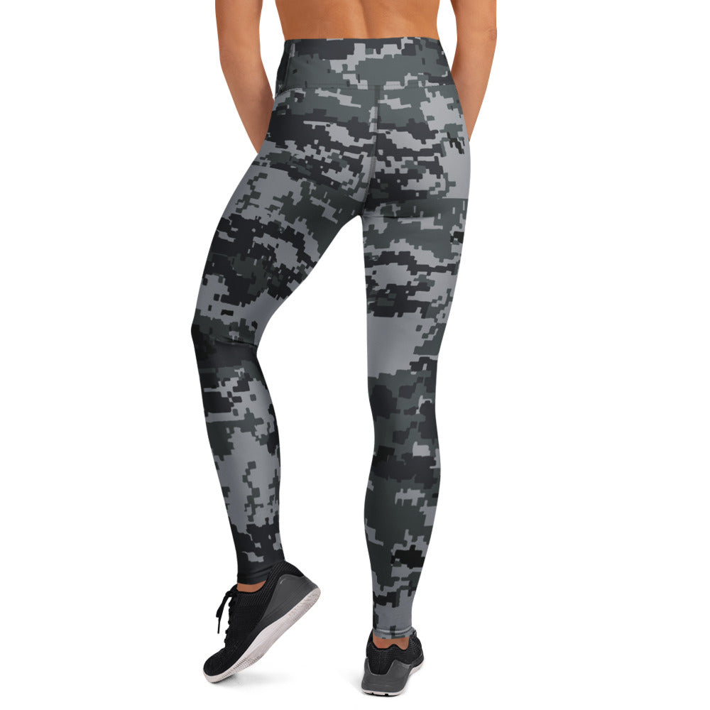 Digital camo yoga leggings with high-rise waistband, side view of full-length legs
