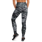 Digital camo yoga leggings with high-rise waistband, side view of full-length legs