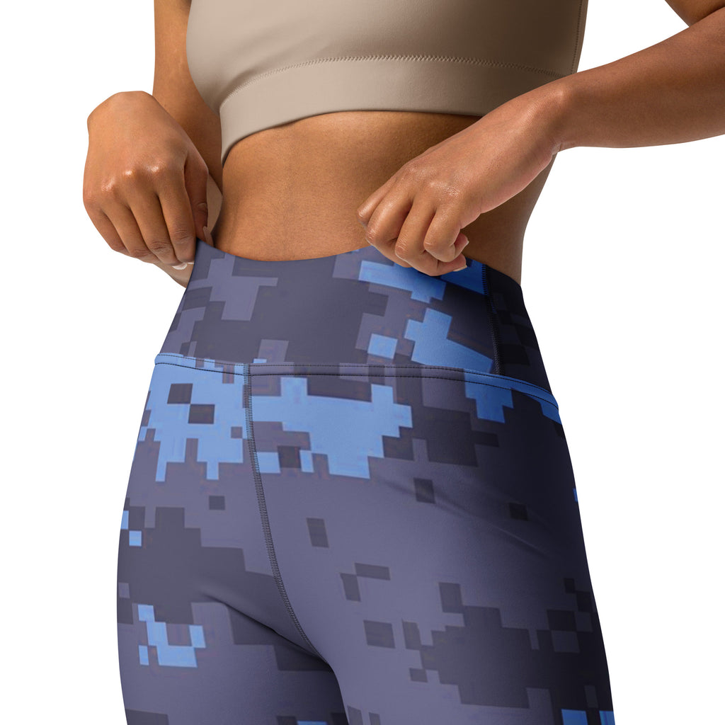 Navy digital camouflage yoga leggings, high waistband with diagonal side seam.