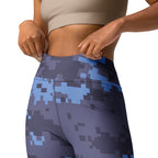 Navy digital camouflage yoga leggings, high waistband with diagonal side seam.