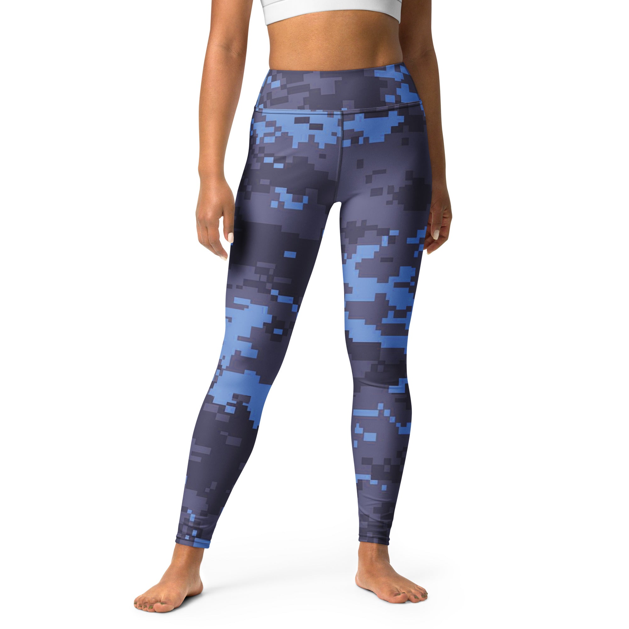 Navy digital camouflage yoga leggings with full-length blue-gray pixel pattern.