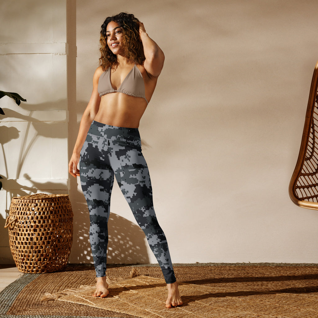 Women’s digital camo yoga leggings, full length with high-rise waistband, standing