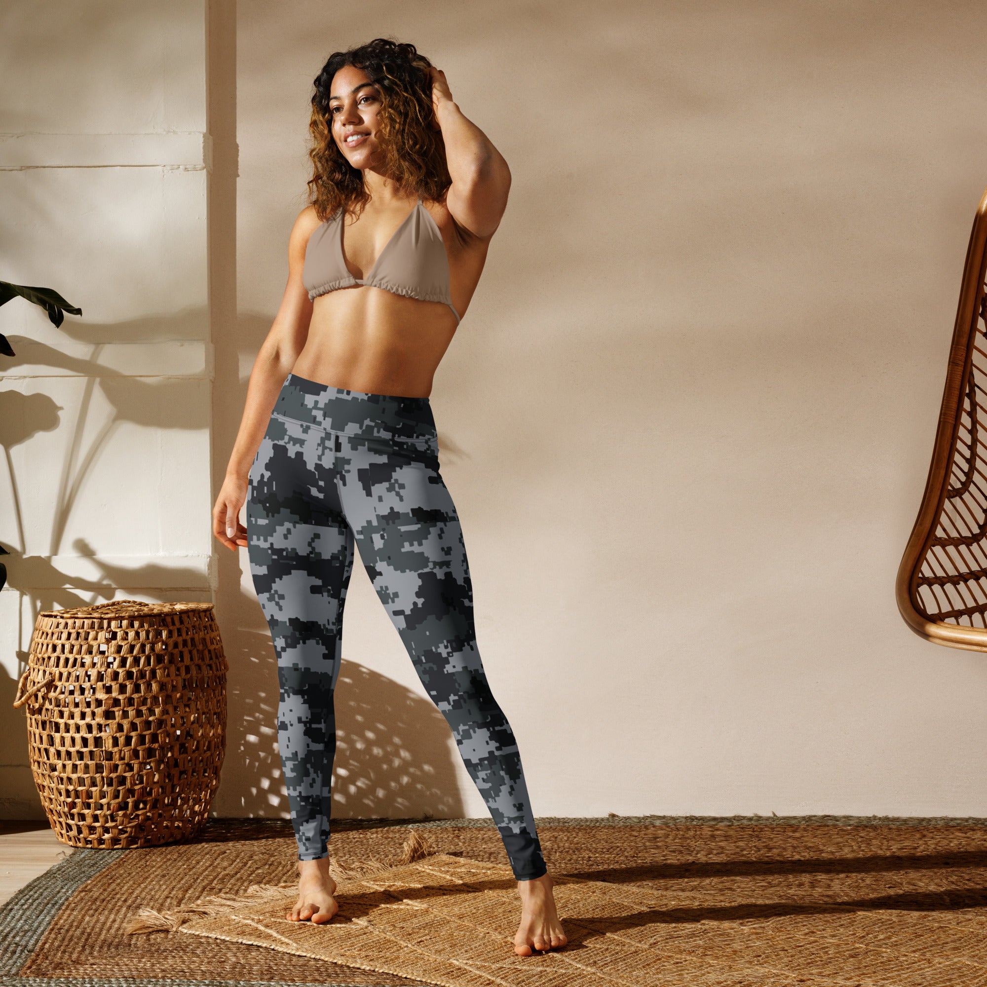 Women’s digital camo yoga leggings, full length with high-rise waistband, standing