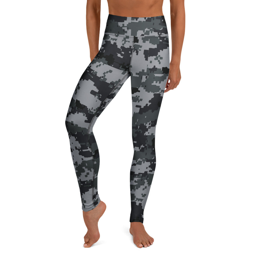 Women’s digital camo yoga leggings, ankle-length, full pattern, front view