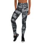 Women’s digital camo yoga leggings in dark gray and black, full-length