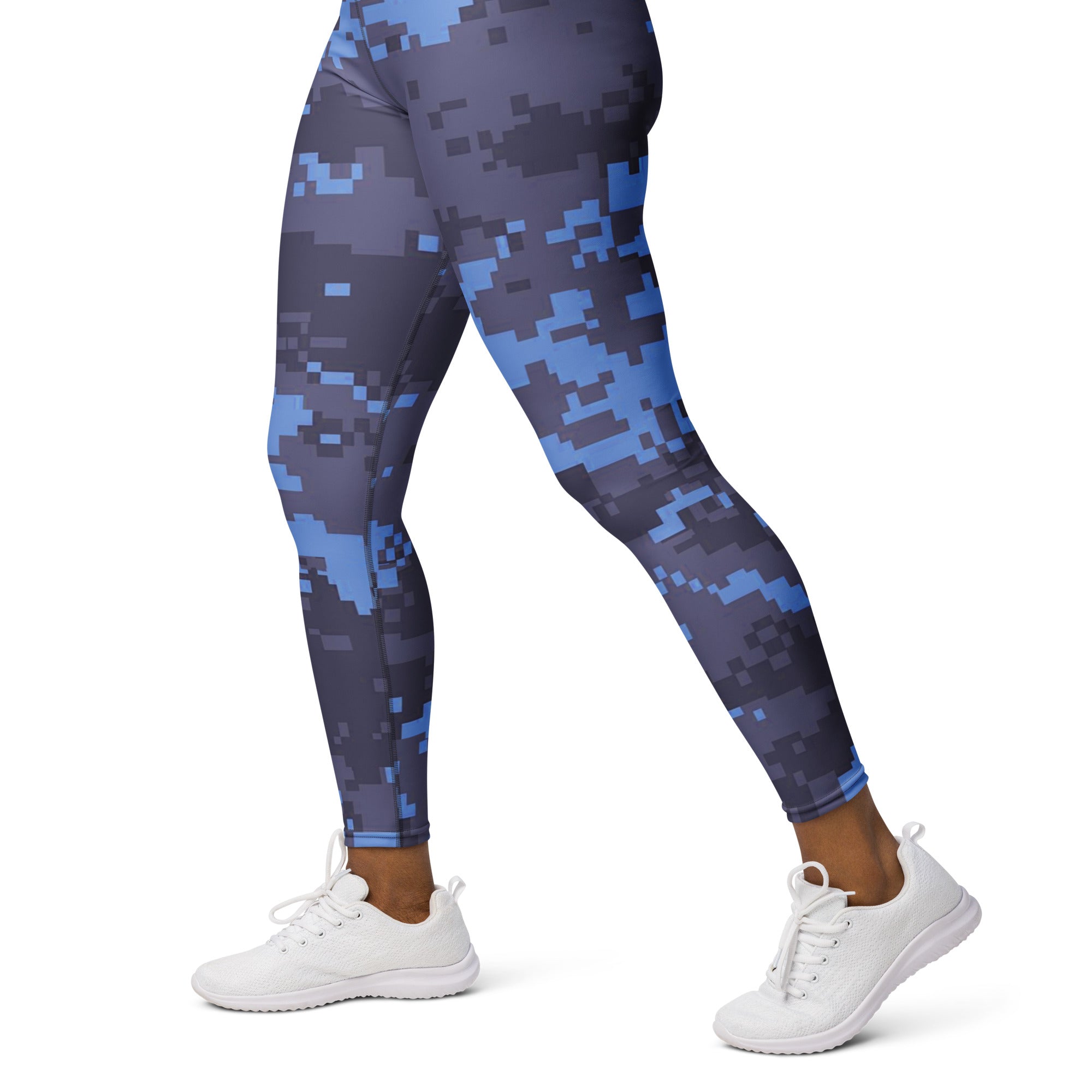High-waisted yoga leggings in navy digital camouflage with ankle-length fitted legs
